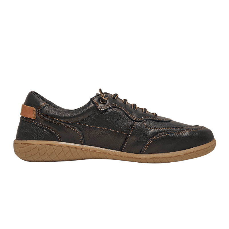 Schwarzer Bella Moda Barfußschuh für Damen, von der Seite mit braunen Elastikschnürsenkeln und Sohle