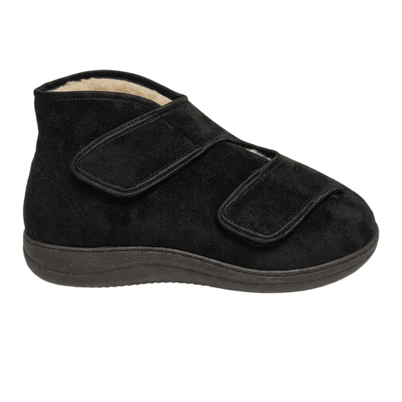 Schwarzer Therapieschuh mit Wollfutter und zwei breiten Klettverschlüssen, Seitenansicht