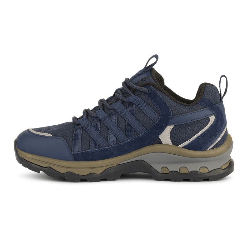 Rechter dunkelblauer Green Comfort Outdoor-Damenschuh von der Seite mit hellen Details an der Ferse