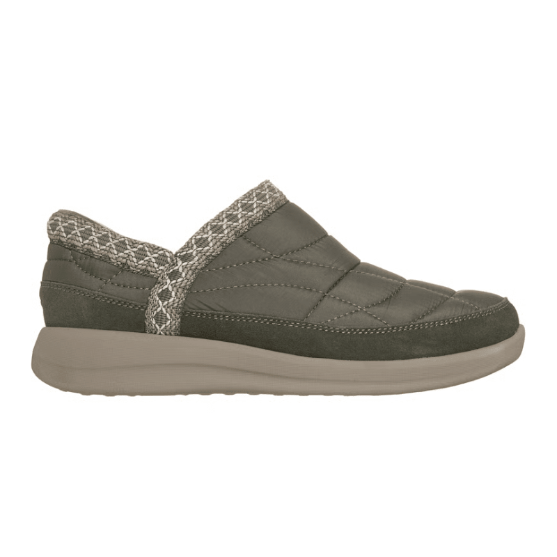 Olivgrüner Skechers Freizeitschuh für Damen, Seitenansicht, mit gestepptem Obermaterial und Strickrand