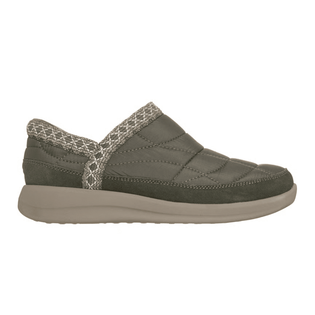 Olivgrüner Skechers Freizeitschuh für Damen, Seitenansicht, mit gestepptem Obermaterial und Strickrand