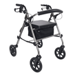 Grauer Ibis Rollator schräg von vorne mit gepolstertem Sitz, Rückenlehne und Textilkorb