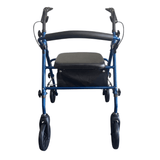 Blauer Ibis Rollator direkt von vorne, mit ergonomischen Griffen, gepolstertem Sitz und Rückenlehne