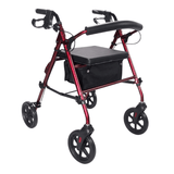 Roter Ibis Rollator von vorne mit schwarzem gepolstertem Sitz, Rückenlehne und Textilkorb