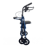 Blauer Ibis Rollator von der Seite im zusammengeklappten Zustand, der sein kompaktes Design zeigt