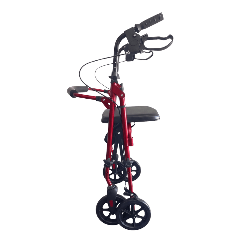 Zusammengeklappter roter Ibis Rollator von der Seite, zeigt sein kompaktes Design