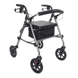 Grauer Ibis Rollator schräg von vorne mit gepolstertem Sitz, Rückenlehne und schwarzem Textilkorb