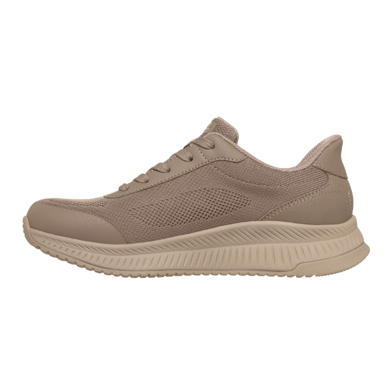 Einzelner sandfarbener Skechers Damenschuh mit gestricktem Obermaterial und Schnürsenkeln, von der anderen Seite