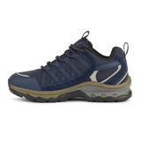 Rechter dunkelblauer Green Comfort Outdoor-Damenschuh von der Seite mit hellen Details an der Ferse