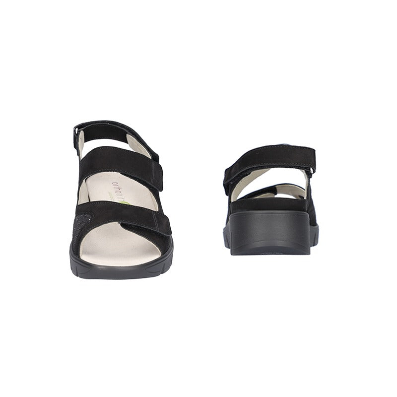 Breite Damen-Sandale, Schwarz, Waldläufer